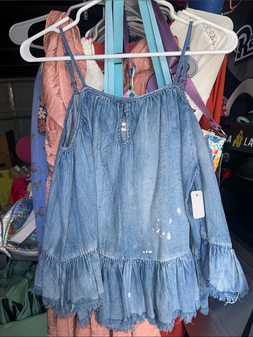 Blank NYC Denim Blue Ruffle-Hem Peasant Top